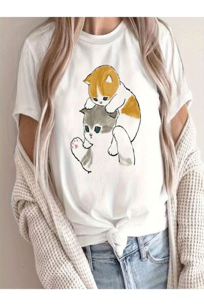 CLASSY.MODA قميص تيشرت سوبريم للنساء - أبيض مطبوع قصة فضفاضة برقبة دائرية وأك...