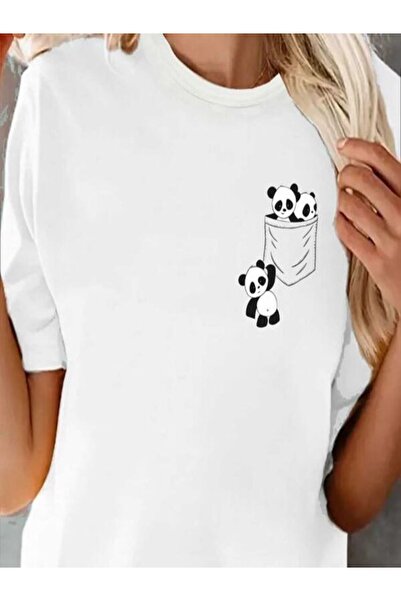 CLASSY.MODA قميص تيشرت سوبريم للنساء - أبيض مطبوع قصة فضفاضة برقبة دائرية وأك...