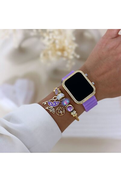 Has Mor Dikdörtgen Taşlı Led Kadın Saat