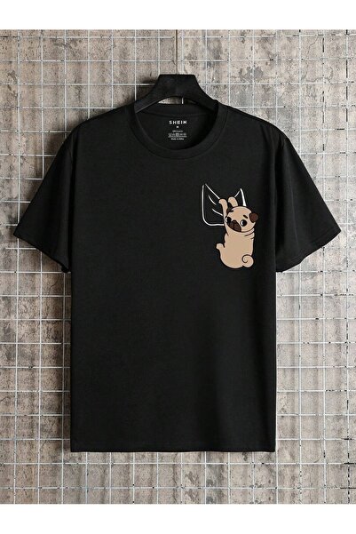 coolart Majica sa psom u džepu - crna Štampano Oversize kroj letnja kratka ru...