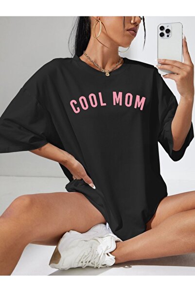 coolart Tricou Cool Mom - Tricou oversize cu imprimeu negru, de vară, cu mâne...