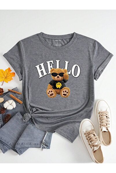 coolart Tricou Hello Bear - Gri cu imprimeu, supradimensionat, de vară, cu mâ...