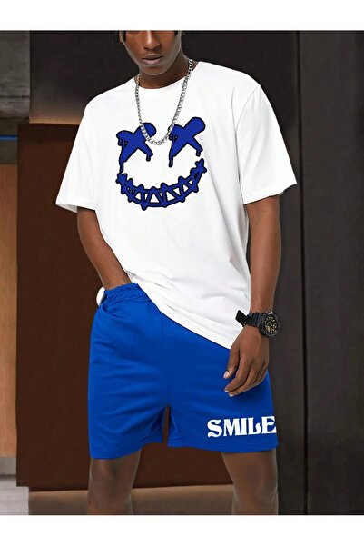 coolart Тениска с усмивка и шорти - бял саксофон син комплект от горна и долн...