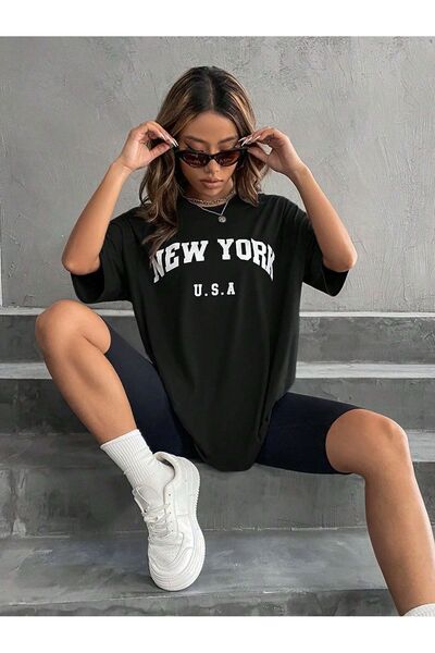 coolart Tricou New York U.S.A - Tricou oversize cu imprimeu negru, de vară, c...