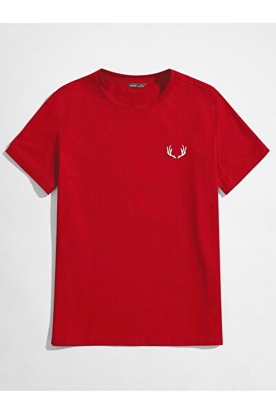 coolart Tricou supradimensionat roșu cu logo Geyik - Tricou de vară cu gât ro...