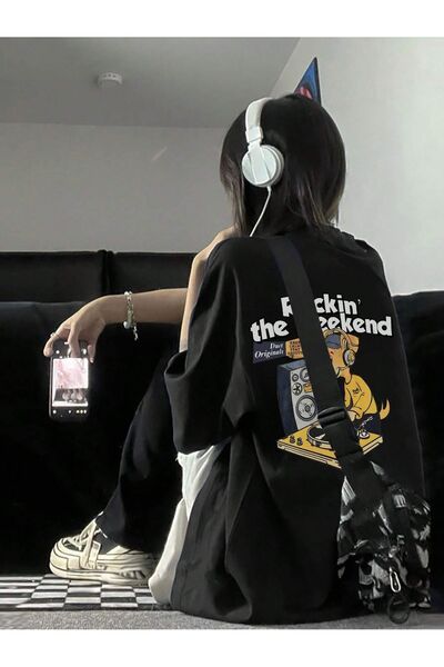 coolart Tricou Rockin Weekend - Tricou oversize cu mânecă scurtă, cu imprimeu...