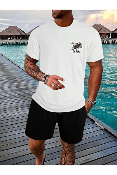 coolart Tricou Palm - Tricou cu mânecă scurtă de vară oversize cu imprimeu alb