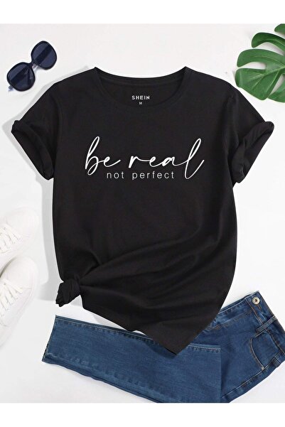 coolart Tricou Be Real - Tricou oversize cu imprimeu negru, de vară, cu mânec...