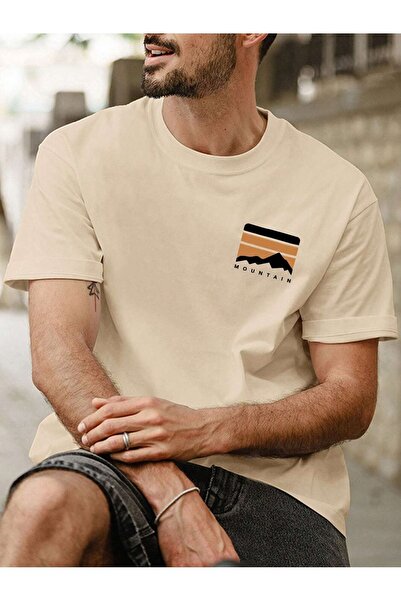 coolart Mountain Logo T-Shirt - Beige Printed Oversize Summer Short Sleeve T-...