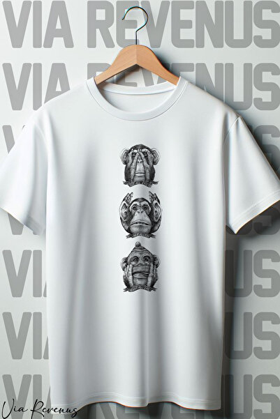 Vordevia Tri majmuna Štampano Beli Oversize kroj T-shirt