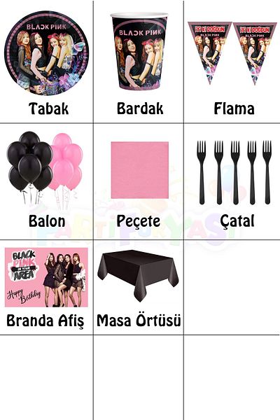 Parti Furyası Black Rose 8 Person Birthday Set - Supplies with Banner
