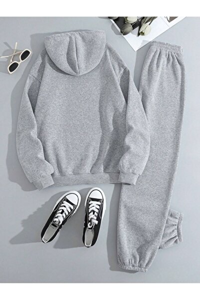 Cool Art Basic Kalın Kışlık Sweatshirt Eşofman Altı Jogger - Gri Alt Üst Eşofman Takımı Kapüşonlu