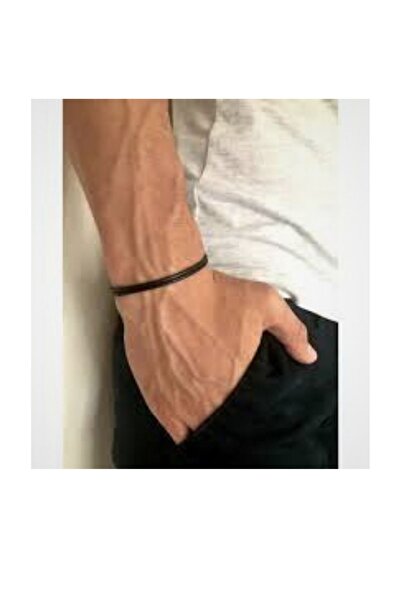 LA TINY AKSESUAR سوار جلد طبيعي أسود للرجال - قابل للتعديل