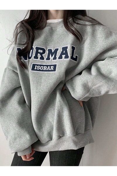 coolart Normal Isobar Kalın Kışlık Sweatshirt - Gri Baskılı Oversize Şardonlu...