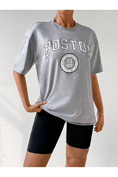 coolart Тениска с лого на Бостън - сива печатна тениска с къс ръкав и велосип...
