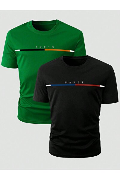 coolart Set de 2 tricouri cu dungi colorate Paris - Negru Verde, cu mânecă sc...