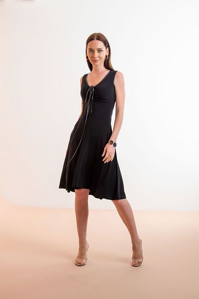 Laranor V-Neck Black Lace-Up Flared Dress