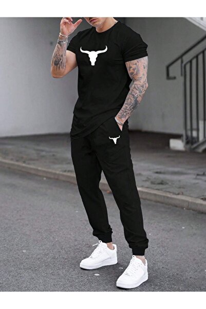 coolart تي شيرت بشعار القرن بنطال رياضي - طقم بدلة رياضية مطبوعة باللون الأسو...