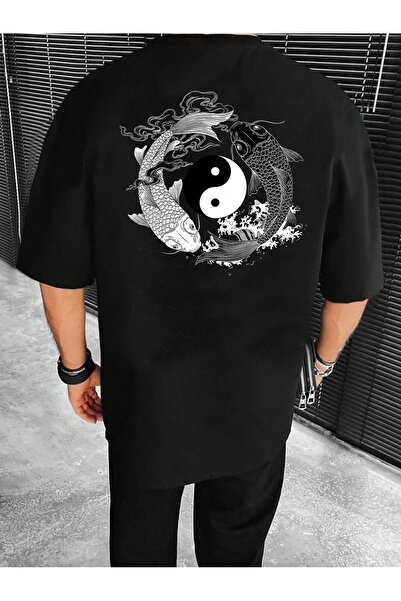 coolart Μπλουζάκι Ying Yang Fishes - Μαύρο με στάμπα, Oversize, Καλοκαιρινό κ...