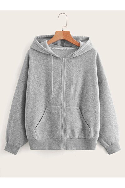 coolart Ayıcık Fermuarlı Kışlık Hırka - Gri Baskılı Oversize Şardonlu Kapüşonlu