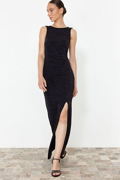 Trendyol Collection Μαύρο-ροζ Body-Sitting Glittering μακρύ βραδινό φόρεμα TPRSS24AE00155