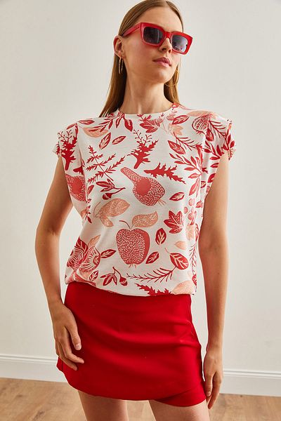 Olalook T-Shirt aus Baumwolle mit Blumenmuster und korallenroten Ärmeln für Damen - TSH-19000819