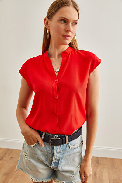 Olalook Rotes V-Ausschnitt-Damenshirt - GML-19000244