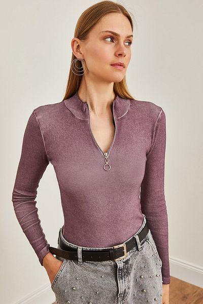 Olalook Bluză de damă din Lycra cu gât mov - spălată și cu fermoar BLZ-19001155