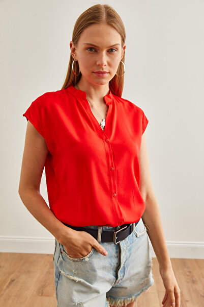 Olalook Rotes V-Ausschnitt-Damenshirt - GML-19000244