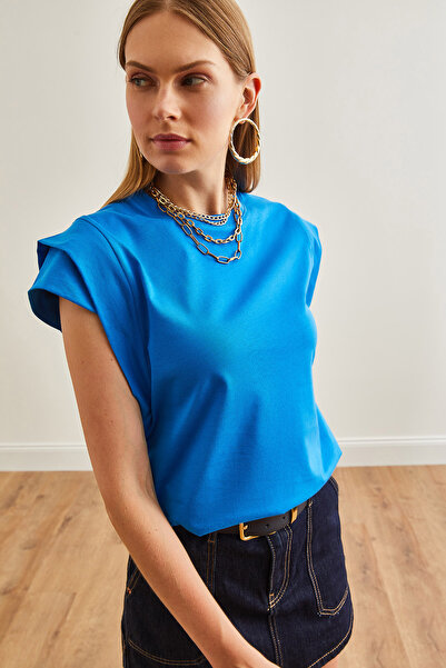 Olalook Μπλε βαμβακερό γυναικείο μπλουζάκι - Λεπτομερές μανίκι TSH-19000819