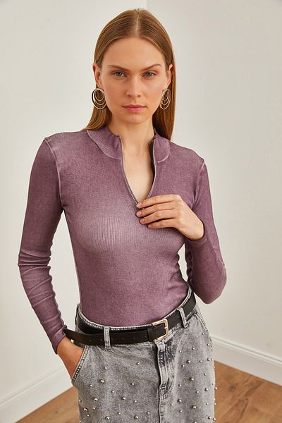 Olalook Bluză de damă din Lycra cu gât mov - spălată și cu fermoar BLZ-19001155
