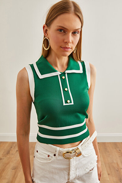 Olalook Γυναικεία μπλούζα με πράσινη λωρίδα πόλο αμάνικη πλεκτά - BLZ-19002641