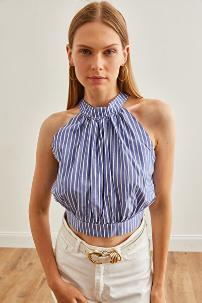 Olalook Μπλε μπλούζα λινό με ρίγες - Χαμηλό κόψιμο με λαιμόκοψη και πλάτη, ζωσμένη BLZ-19002638