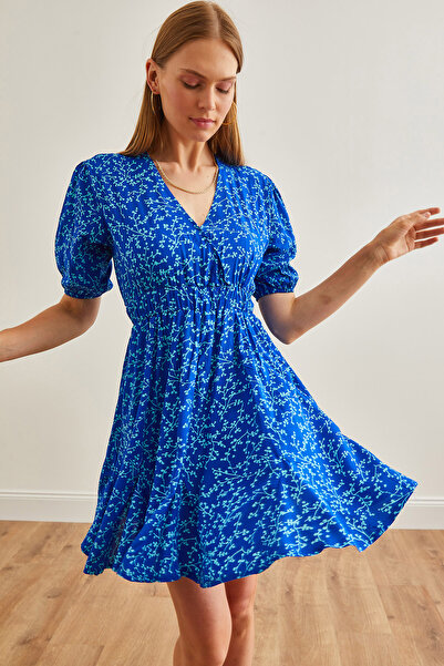 Olalook Синя двуредна мини рокля с балонен ръкав - детайл от полата, тъкана, ELB-19002212