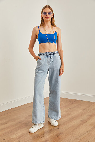 Olalook Kadın Açık Mavi Beli Bağcıklı Cepli Palazzo Denim Pantolon PNT-19000285