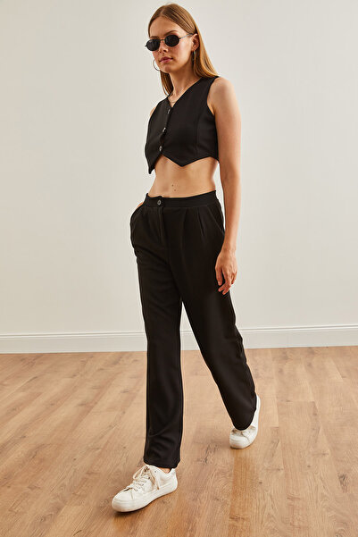 Olalook Black Palazzo Set - Top Vest and Bottom Pocket TKM-19000296