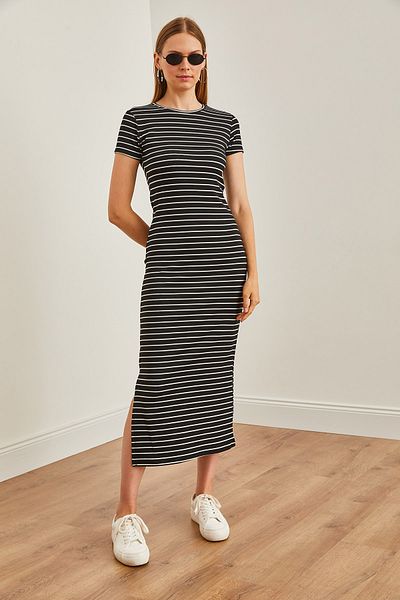 Olalook Μαύρο ριγέ Midi Φόρεμα - Crew Neck and Slit ELB-19002208