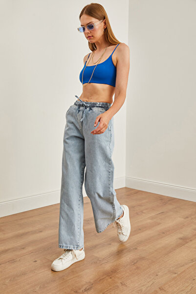 Olalook Kadın Açık Mavi Beli Bağcıklı Cepli Palazzo Denim Pantolon PNT-19000285