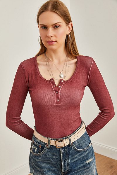 Olalook Bluză roșie cu carasolă Claret - spălată și cu plachetă, damă, BLZ-19000588