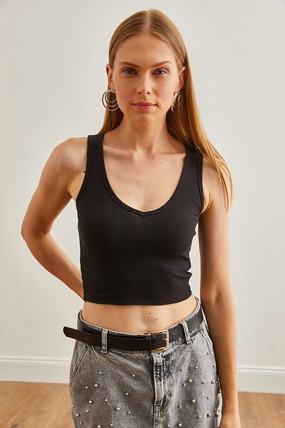 Olalook Tricou negru cu decolteu în V cu nervuri pentru femei - TSH-19000825