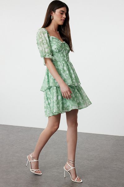 Trendyol Collection Μέντα Floral Print - Φούστα Flounce, Μίνι Φόρεμα σιφόν με επένδυση TWOSS22EL2772