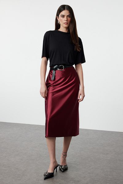 Trendyol Collection Weinroter Premium-Satin - A-Linien-Rock TWOAW24ET00088