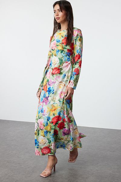 Trendyol Modest Grünes gewebtes Abendkleid mit Blumenmuster und Schalkragen - TCTSS24DB00063