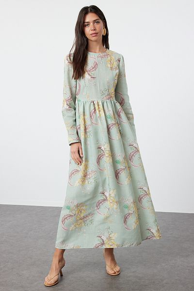 Trendyol Modest Φόρεμα λουλουδάτο υφασμένο από μέντα - TCTSS24EB00225