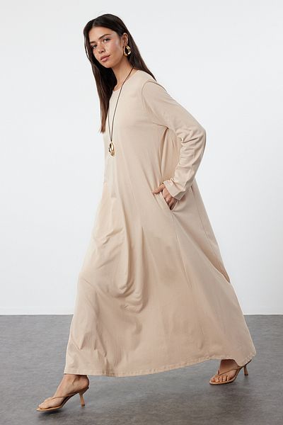Trendyol Modest Μπεζ βαμβακερό oversize μονό φόρεμα ζέρσεϊ - Λεπτομέρειες τσέπης TCTSS24EB00248