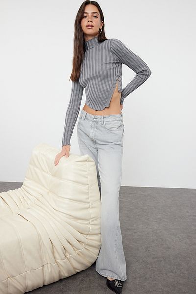 Trendyol Collection Anthracite Stand Collar Super Crop Knitwear Sweater - TWOAW24KZ00264