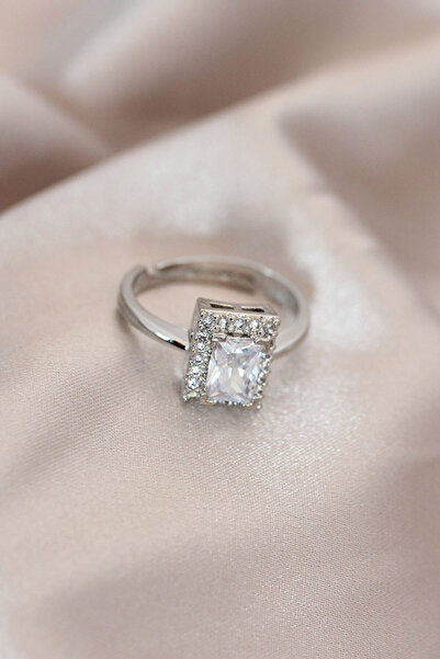 Clariss Silver Color Metal Zircon and Crystal Stone Rectangular Model Ring (A...