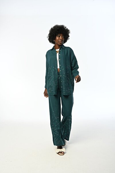 Orfeo Negro KADIN RAHAT KESİM DİZ ALTI TAŞLI PETROL RENK PANTOLON