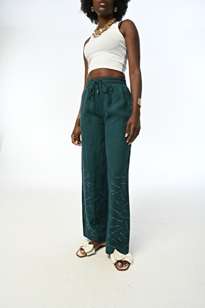 Orfeo Negro KADIN RAHAT KESİM DİZ ALTI TAŞLI PETROL RENK PANTOLON