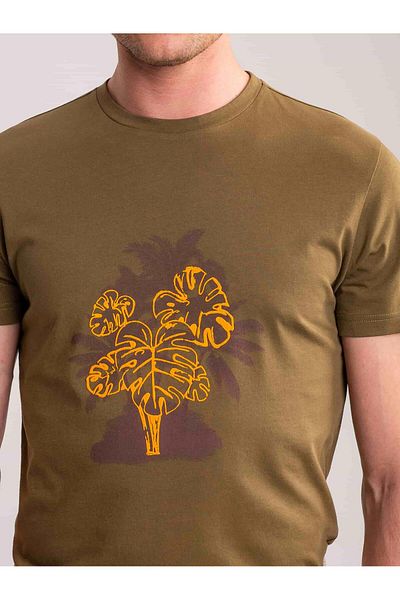 Dufy Khaki Men's Slim Fit Safari Patterned Crew Neck T-Shirt - 57679